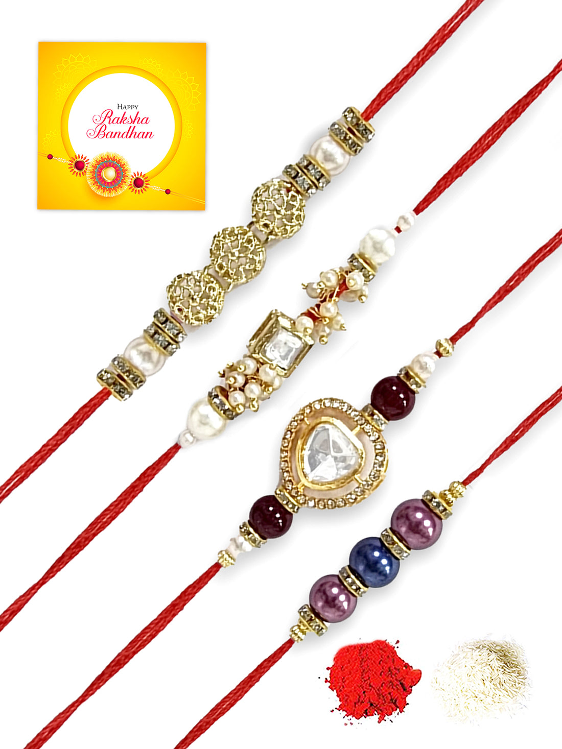 Karatcart Rakhi for Brother Set of 4 Gold Plated Handmade Polki Kundan Rakhi with Roli & Chawal