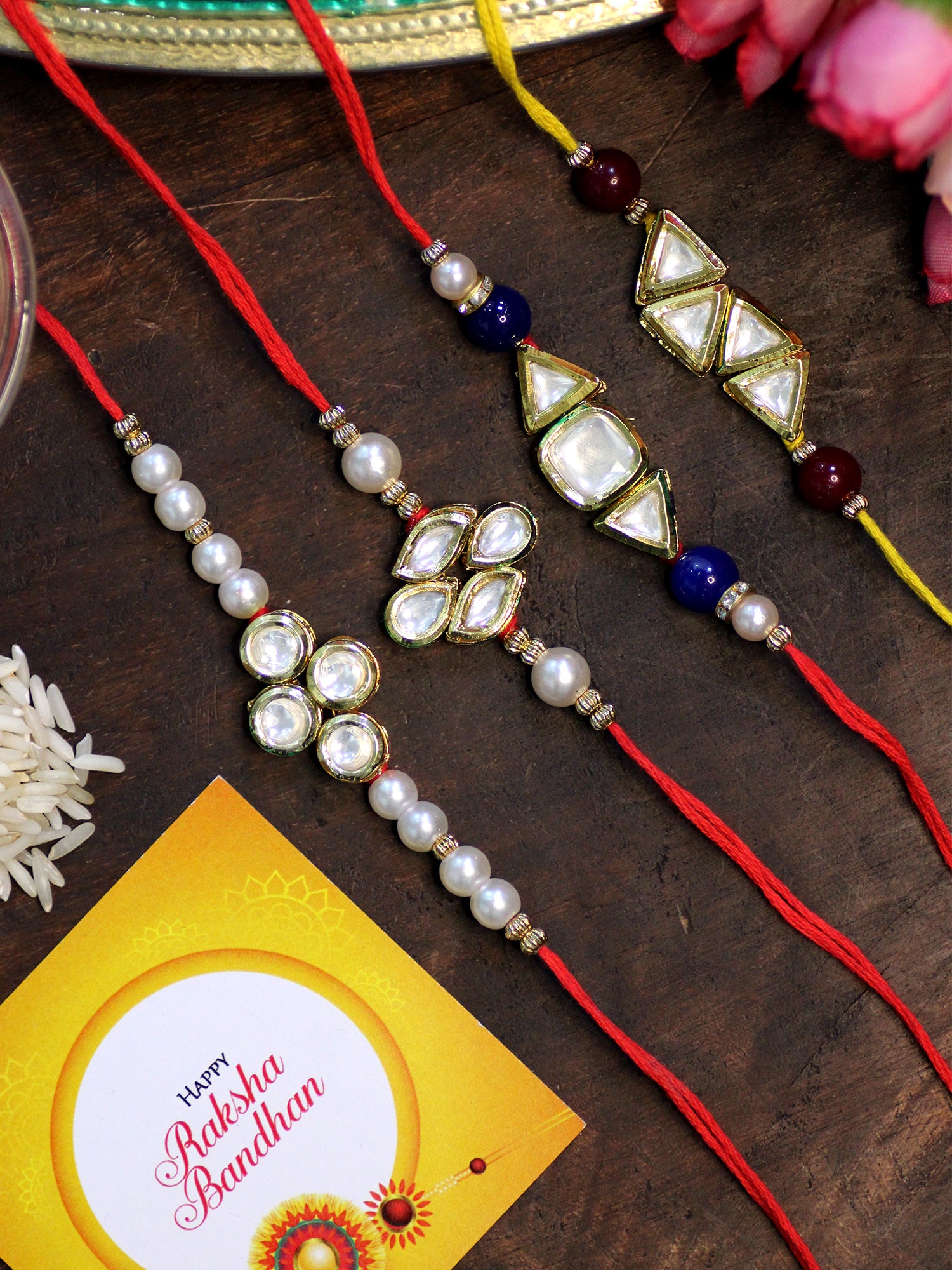 Karatcart Rakhi for Brother Set of 4 Gold Plated Handmade Polki Kundan Rakhi with Roli & Chawal