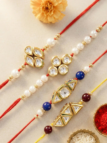 KARATCART Set of 4 Gold Plated Handmade Kundan Rakhi Combo with Roli & Chawal