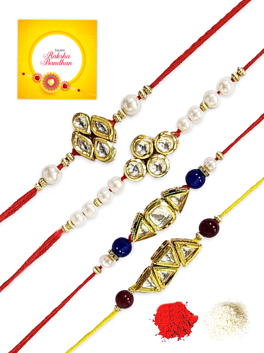 Karatcart Rakhi for Brother Set of 4 Gold Plated Handmade Polki Kundan Rakhi with Roli & Chawal