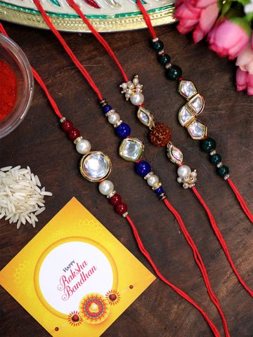 Karatcart Rakhi for Brother Set of 4 Gold Plated Handmade Polki Kundan Rakhi with Roli & Chawal