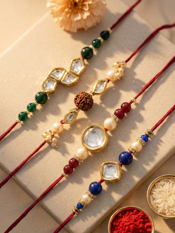 KARATCART Set of 4 Gold Plated Handmade Kundan Rakhi Combo with Roli & Chawal