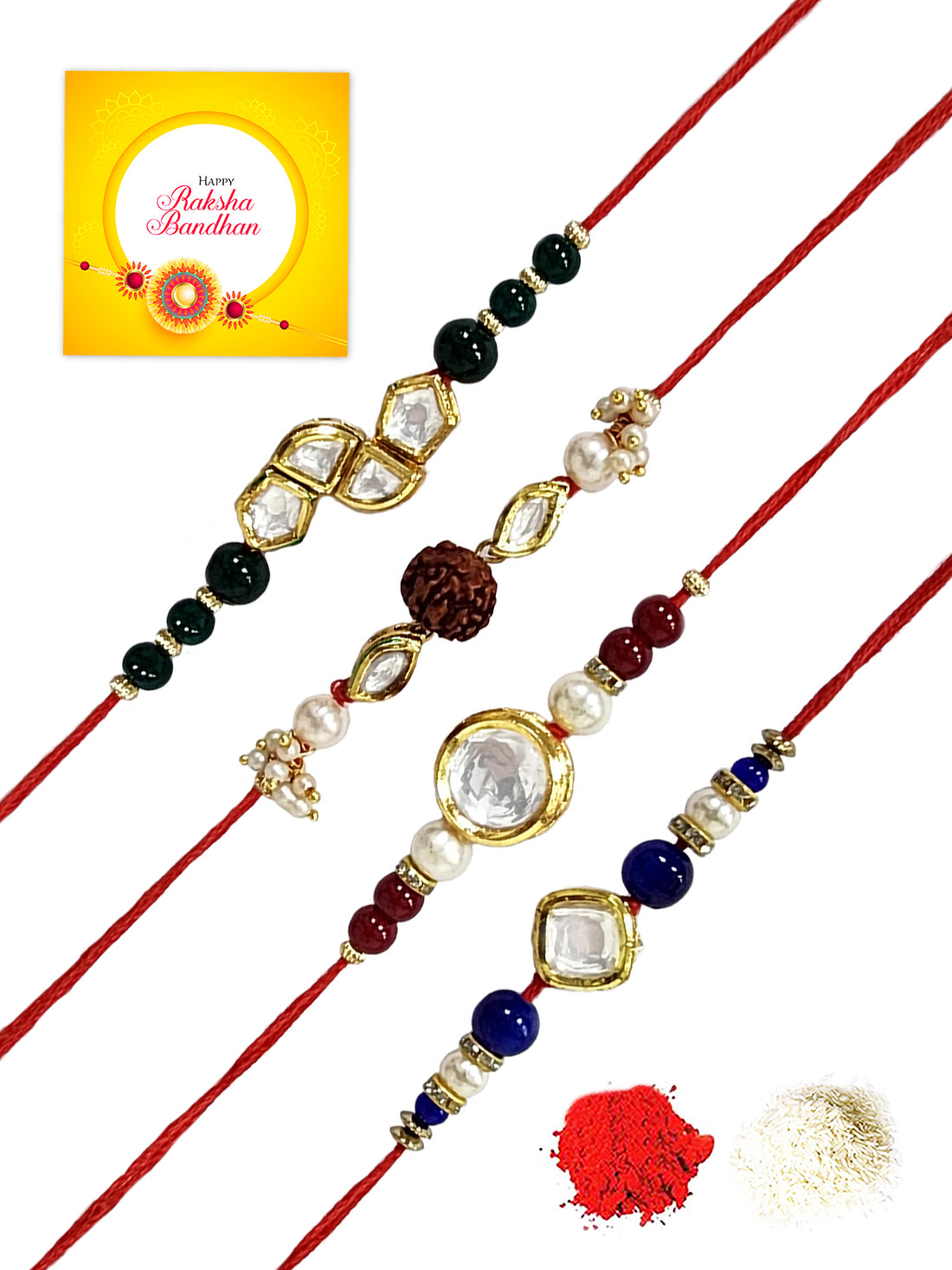 Karatcart Rakhi for Brother Set of 4 Gold Plated Handmade Polki Kundan Rakhi with Roli & Chawal