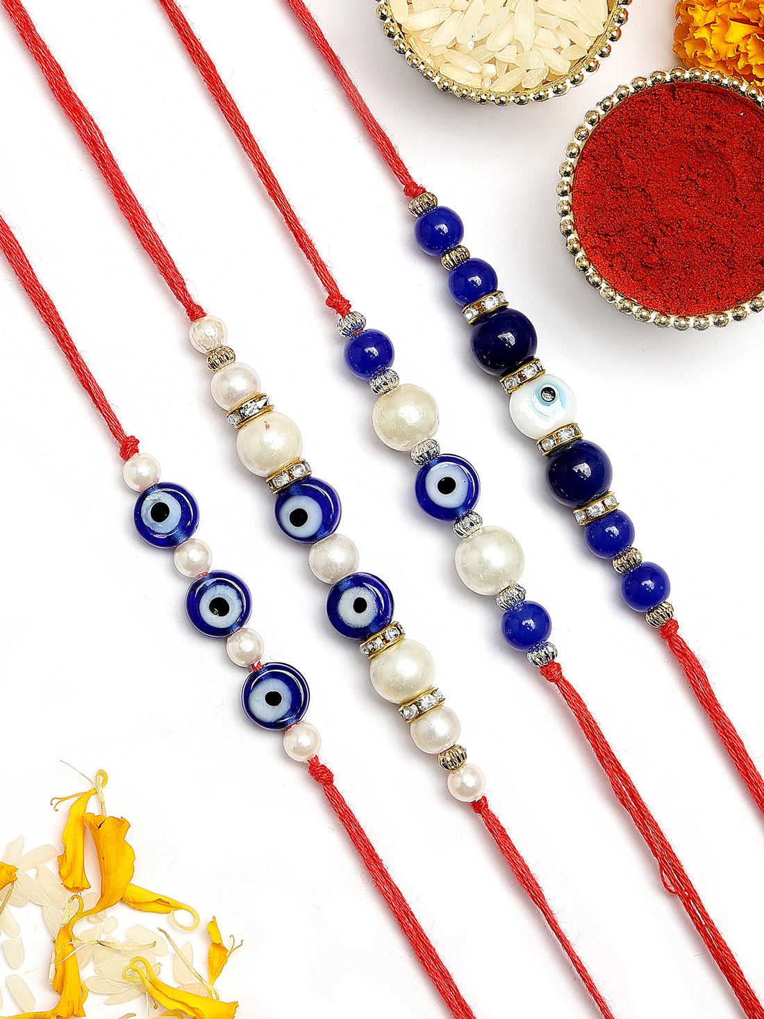 KARATCART Rakhi for Brother Set of 4 Evil Eye Handmade Rakhi with Roli & Chawal