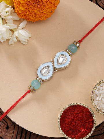 KARATCART Light Blue Meenakari Drop Shape Handmade Kundan Rakhi for Brother with Roli & Chawal