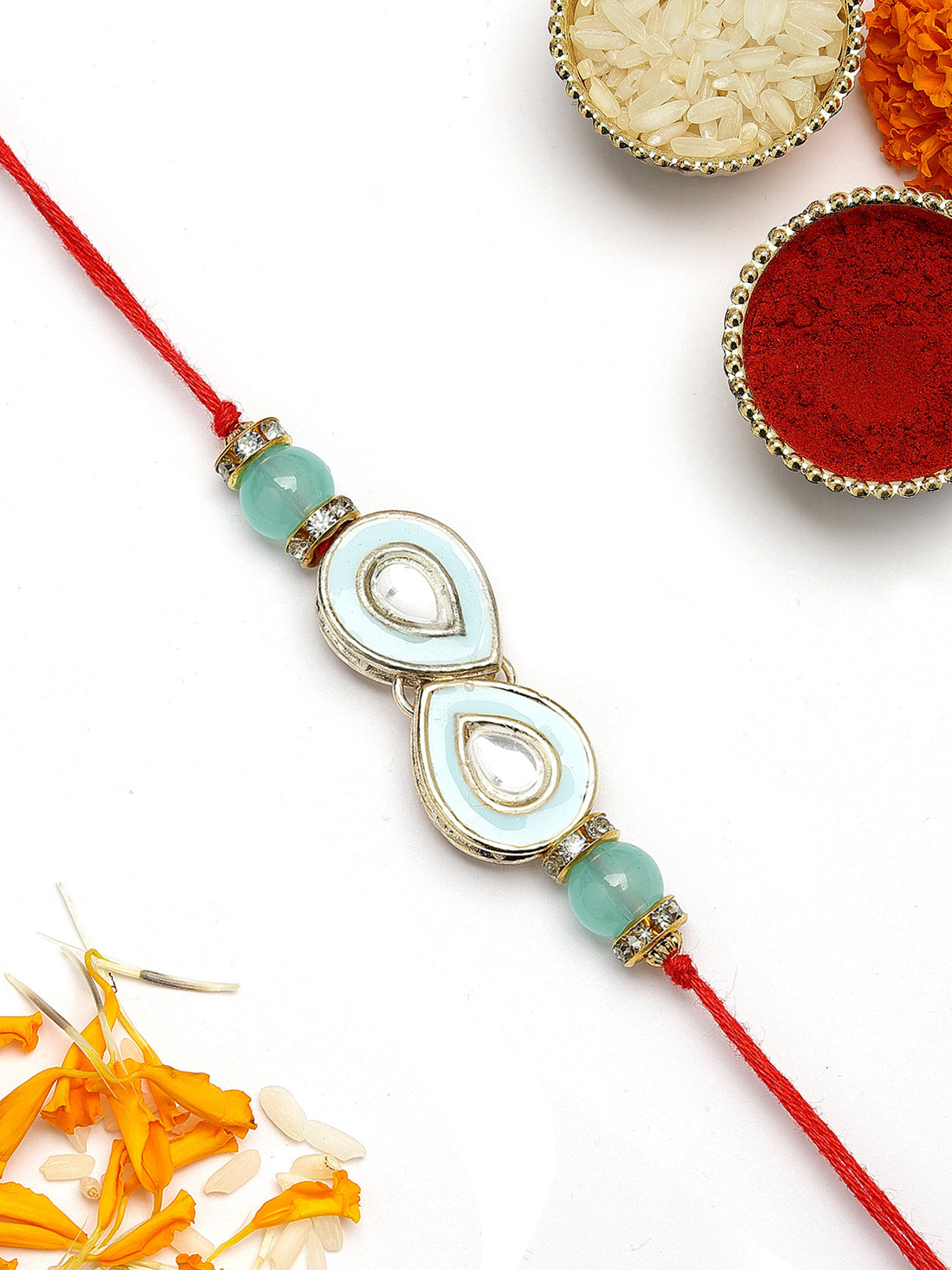 KARATCART Light Blue Meenakari Drop Shape Handmade Kundan Rakhi for Brother with Roli & Chawal
