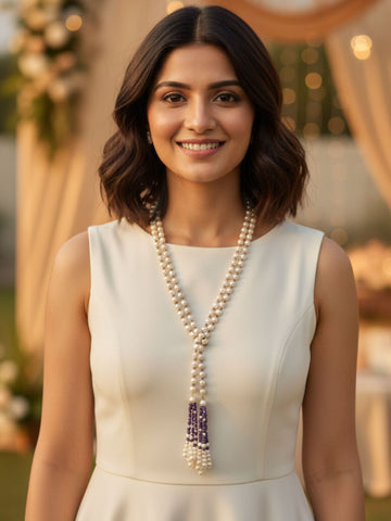 KARATCART Purple Crystal and Pearl Beaded Necklace for Women