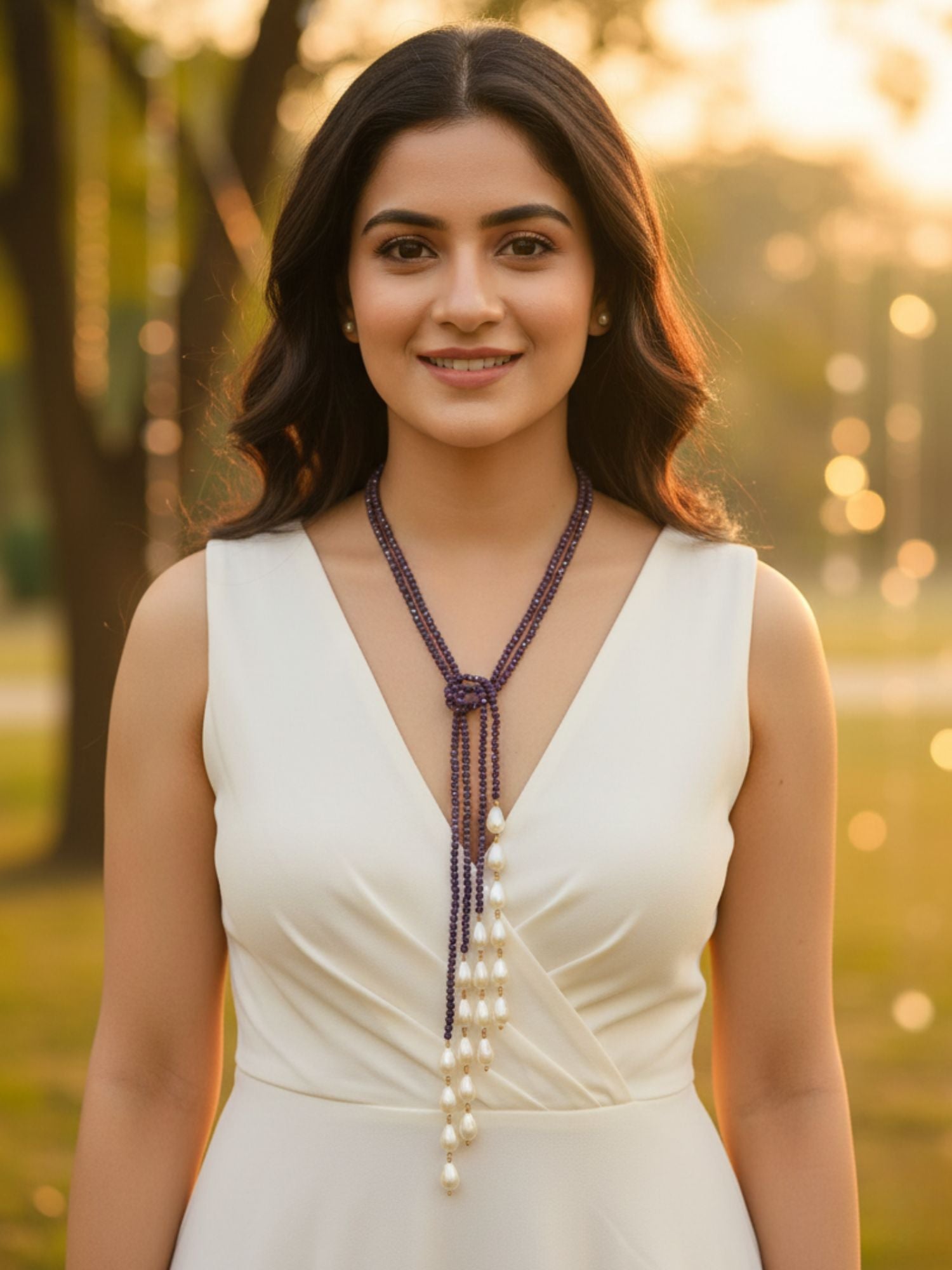 KARATCART Purple Crystal and Drop Pearl Beaded Necklace for Women