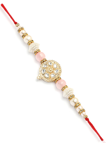 Karatcart Gold Plated Pink Beads Floral Kundan Bhiya Bhabhi Rakhi with Roli & Chawal