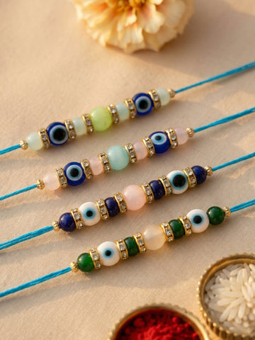 KARATCART Set of 4 Evil Eye Beaded Designer Rakhi for Brother with Roli & Chawal