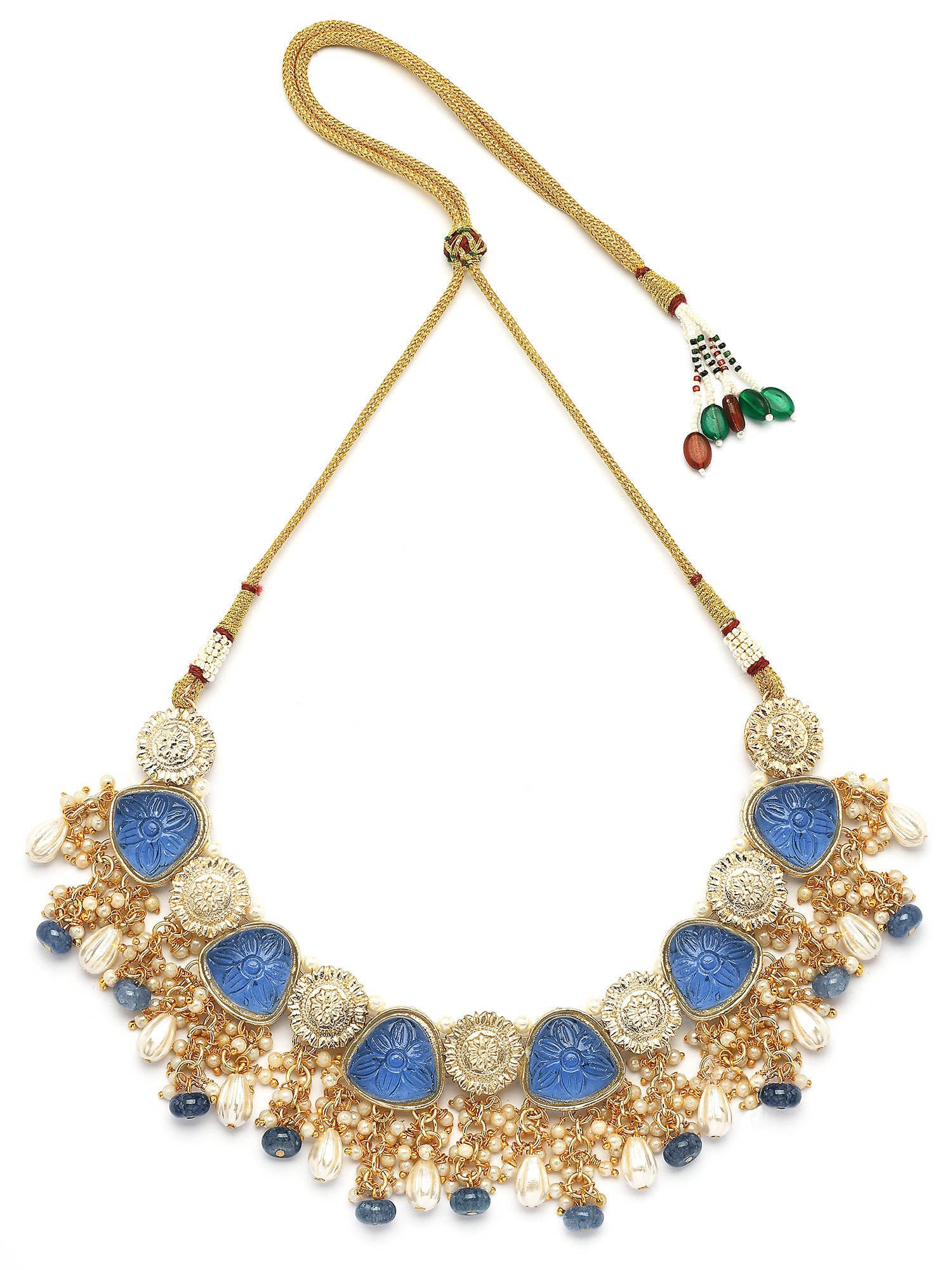 KARATCART Traditional Gold-Plated Blue Carved Stone Kundan Choker Necklace Set for Women - view 5