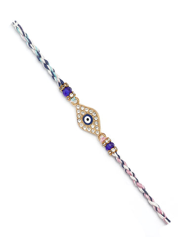 Karatcart Gold Plated Blue American Diamond Diamond Shape Evil Eye Bhiya Rakhi with Roli & Chawal