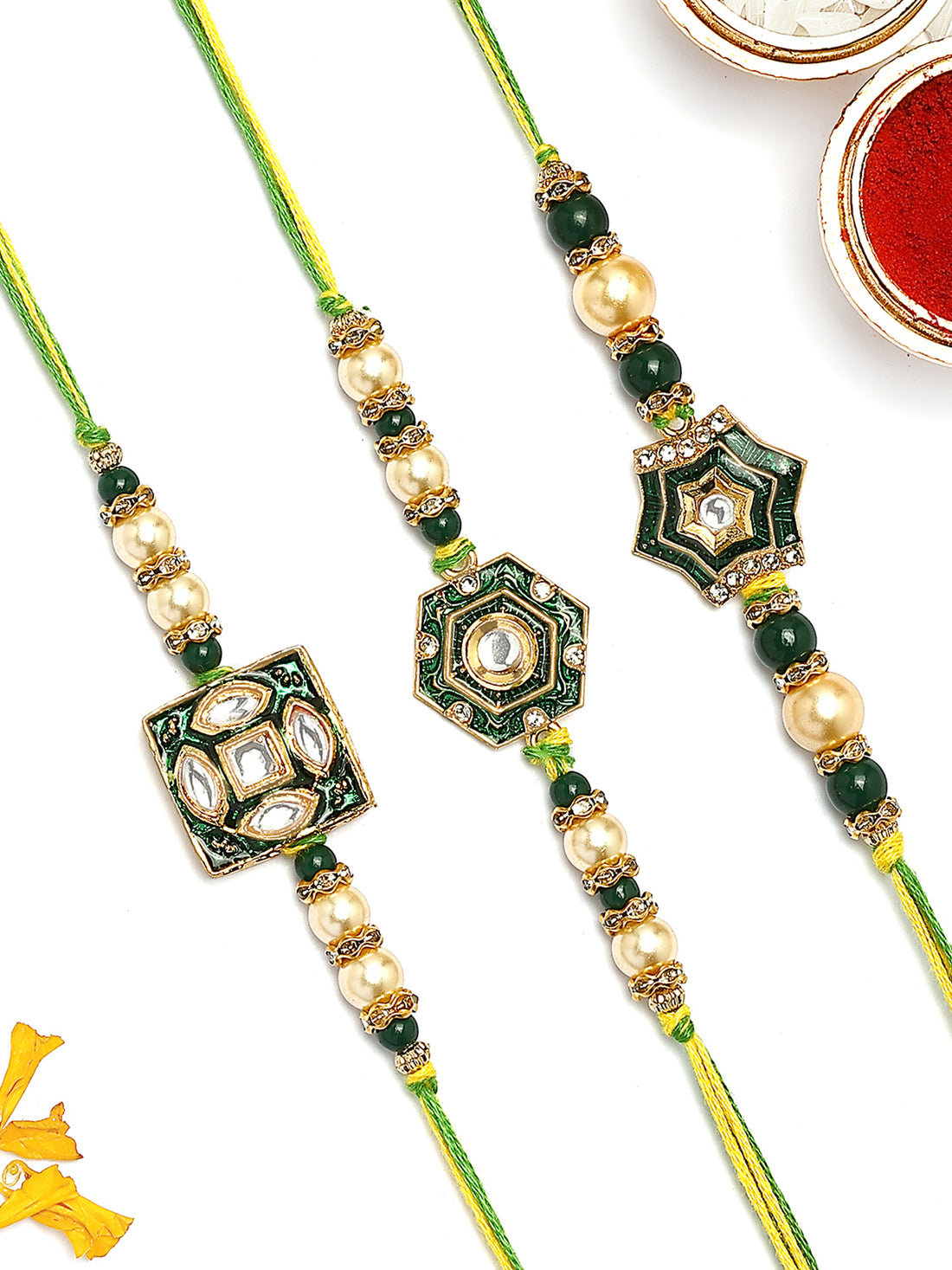KARATCART Set of 3 Green Enamel Star Design Kundan Rakhi for Brother with Roli & Chawal