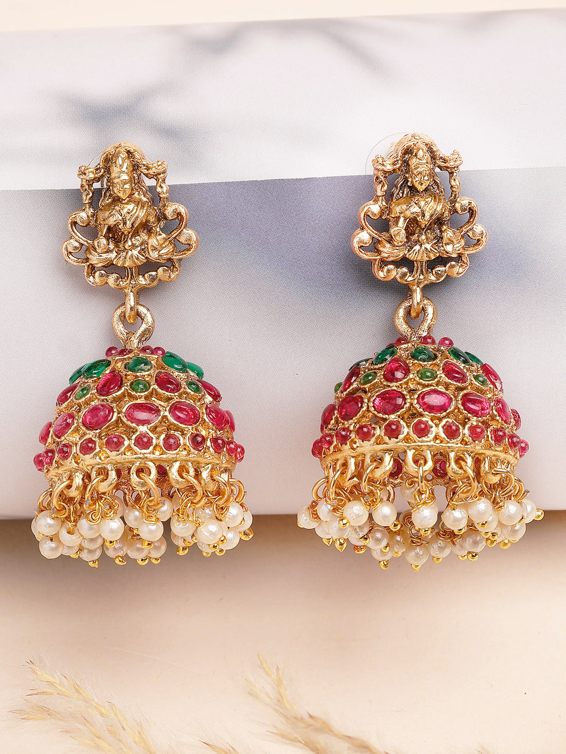 Karatcart Elegant Red and Green Stone Gold Plated Laxmi Mata Design Jhumki Earrings for Women