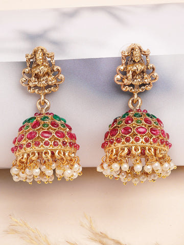 Karatcart Elegant Red and Green Stone Gold Plated Laxmi Mata Design Jhumki Earrings for Women