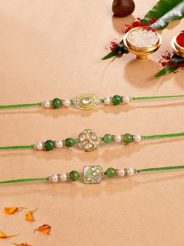 KARATCART Set of 3 Pastel Green Enamel Kundan Rakhi for Brother with Roli & Chawal