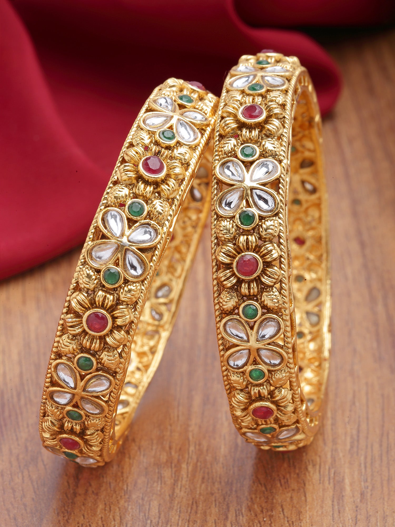 Karatcart Antique Gold Plated Floral Design Red Stone Studded Bangles for Women