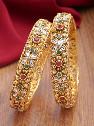 Karatcart Antique Gold Plated Floral Design Red Stone Studded Bangles for Women