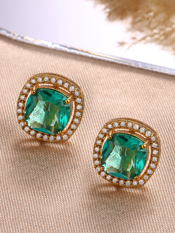 KARATCART Gold Plated American Diamond Stud Green Earrings for Women