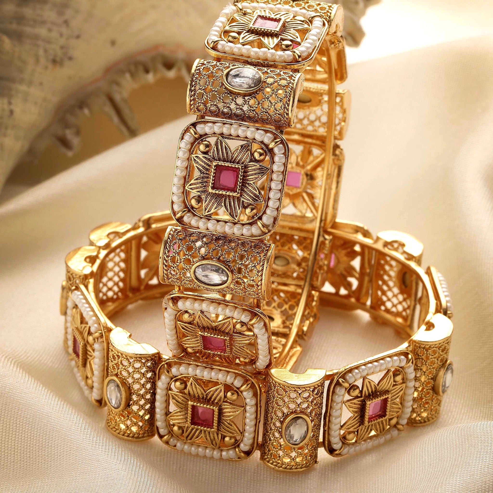 Karatcart Set of 2 Gold Plated Square Floral Design Bangles for Women