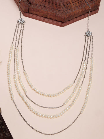 Karatcart Luxurious Multi-Layer Silver Plated Chain and Pearl Kamarbandh for Women