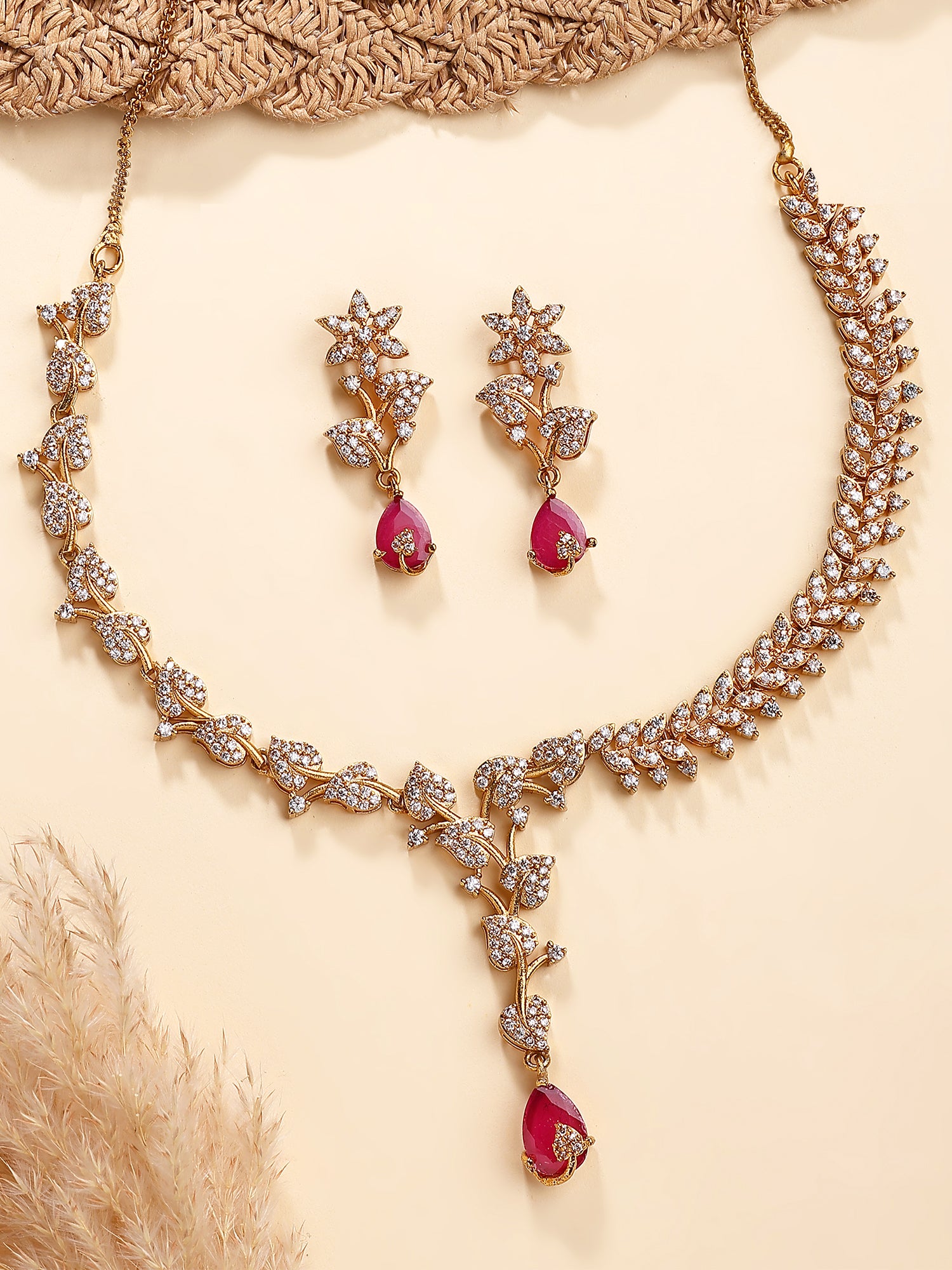 KARATCART Designer Gold-Plated Leaf Design Red Stone American Diamond Jewellery Set for Women - Image 1