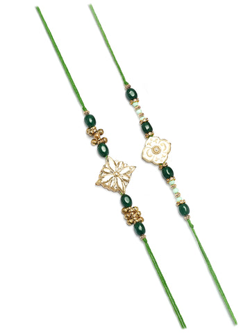 Karatcart Set of 4 Green Carved Stone Floral Kundan Rakhi for Brother with Roli & Chawal