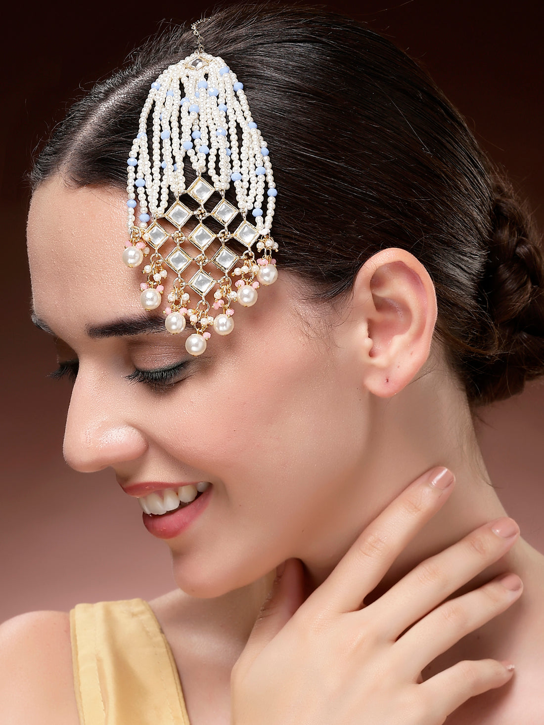 Karatcart Designer Blue Crystal and Pearl Beaded Kundan Passa for Women