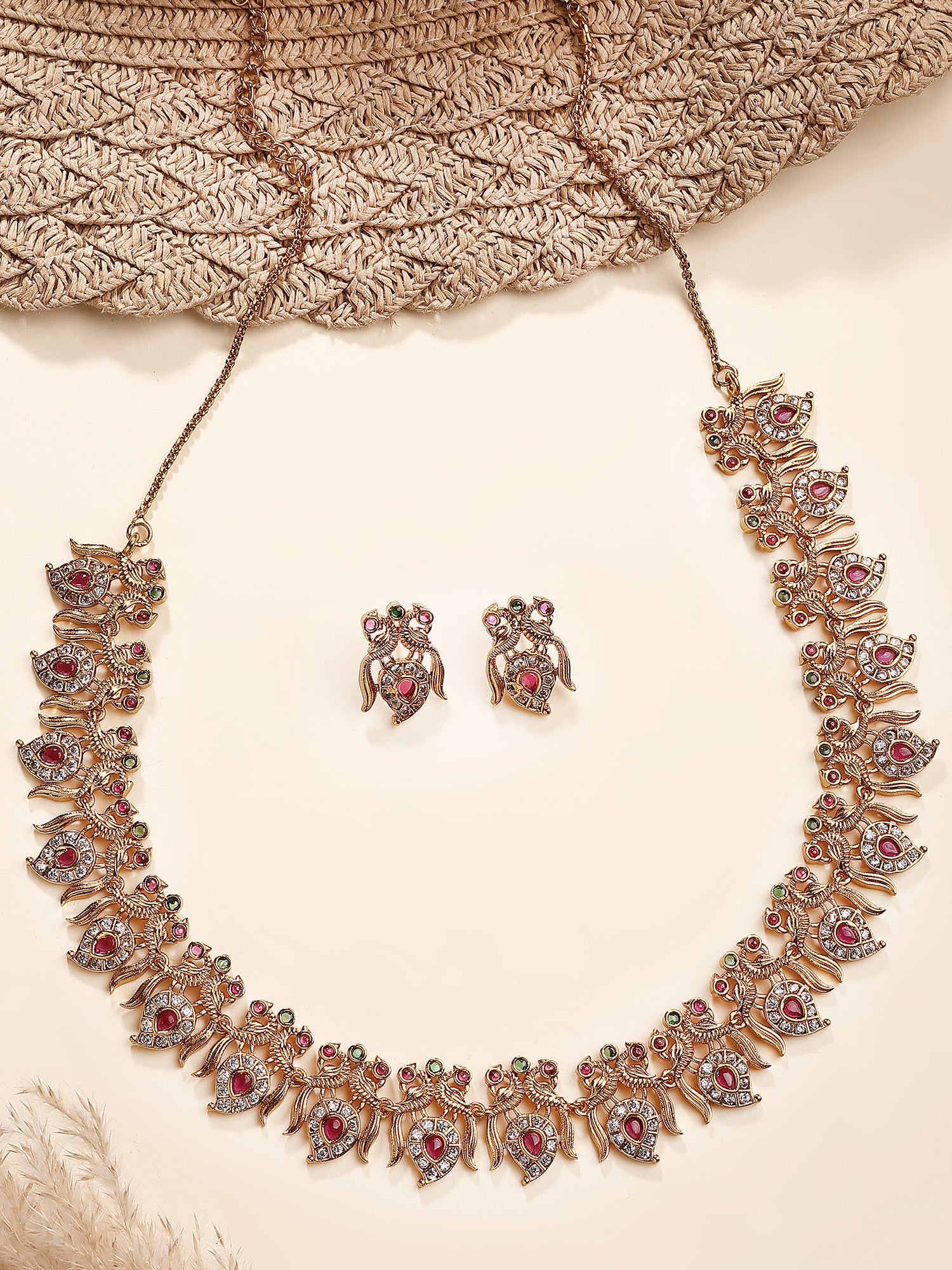 KARATCART Designer Gold-Plated Peacock Design American Diamond Temple Jewellery Set for Women - Image 1