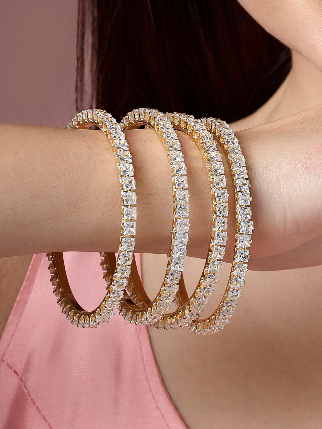 Karatcart Set of 4 Gold Plated Square American Diamond Studded Bangles for Women