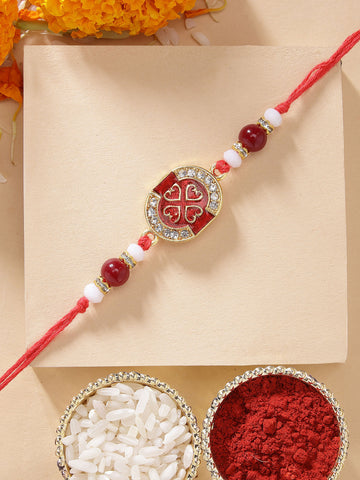 KARATCART Elegant Red Meena and Crystal Handmade Rakhi for Brother with Roli Chawal