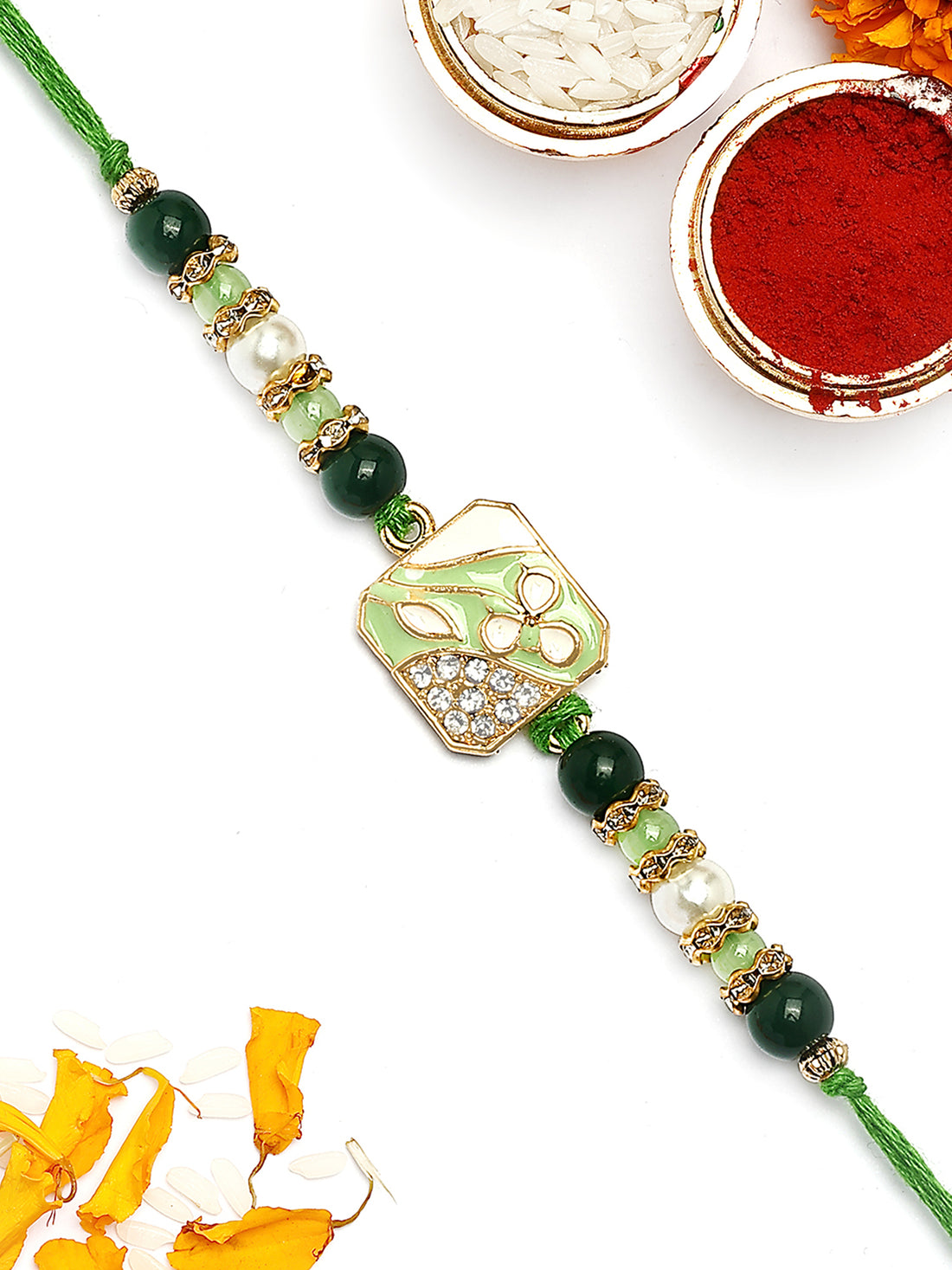 KARATCART Gold Plated Green Beads Kundan Bhaiya Rakhi with Roli & Chawal