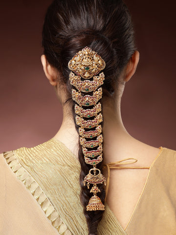 Karatcart Traditional Gold Plated Red & Green Stone Studded Laxmi Mata Hair Choti for Women