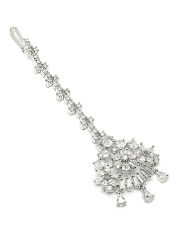 Karatcart Silver Plated Floral Design American Diamond Maangtikka for Women