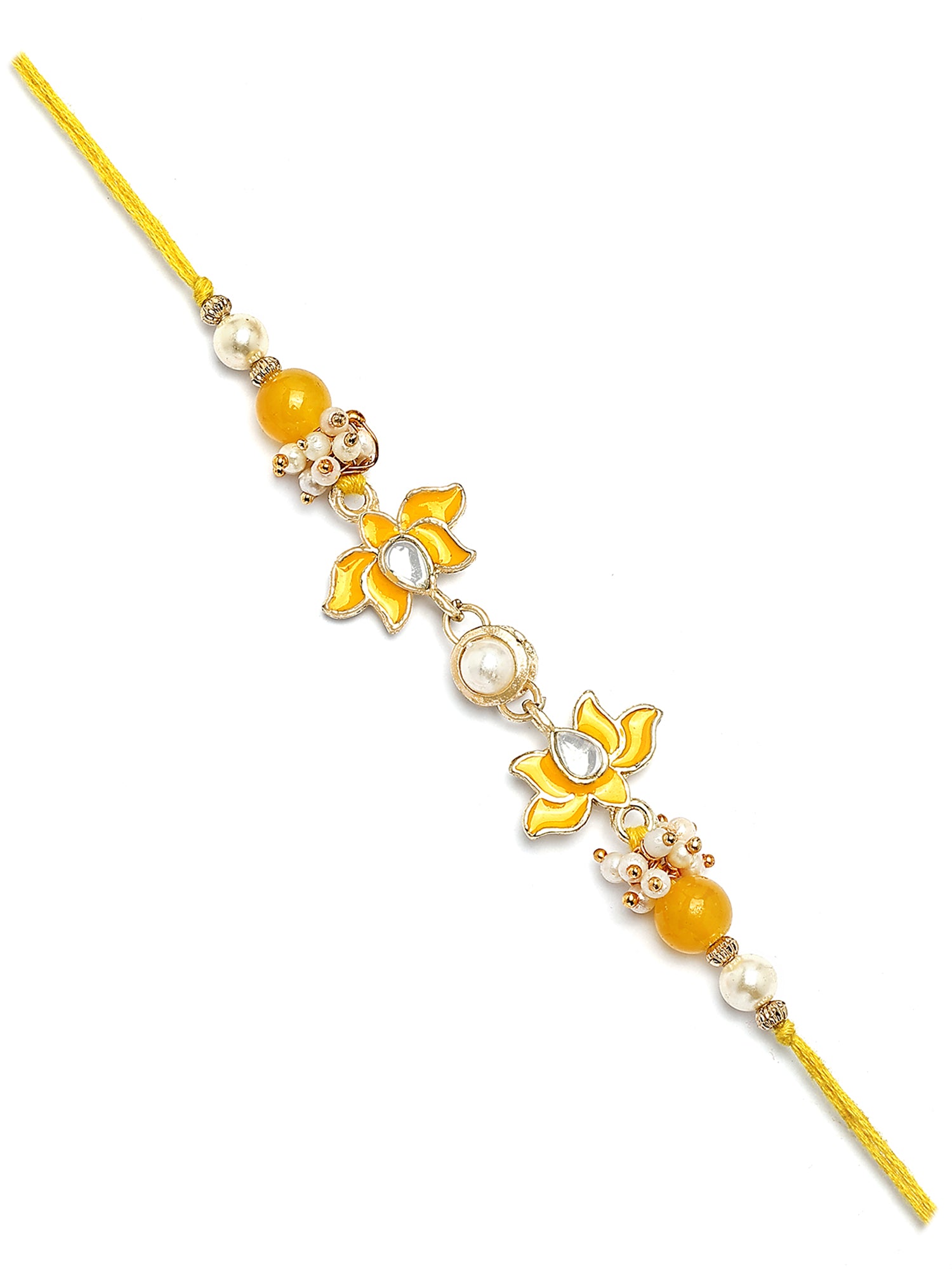 Karatcart Gold Plated Yellow Meena Lotus Kundan Bhiya Rakhi with Roli & Chawal
