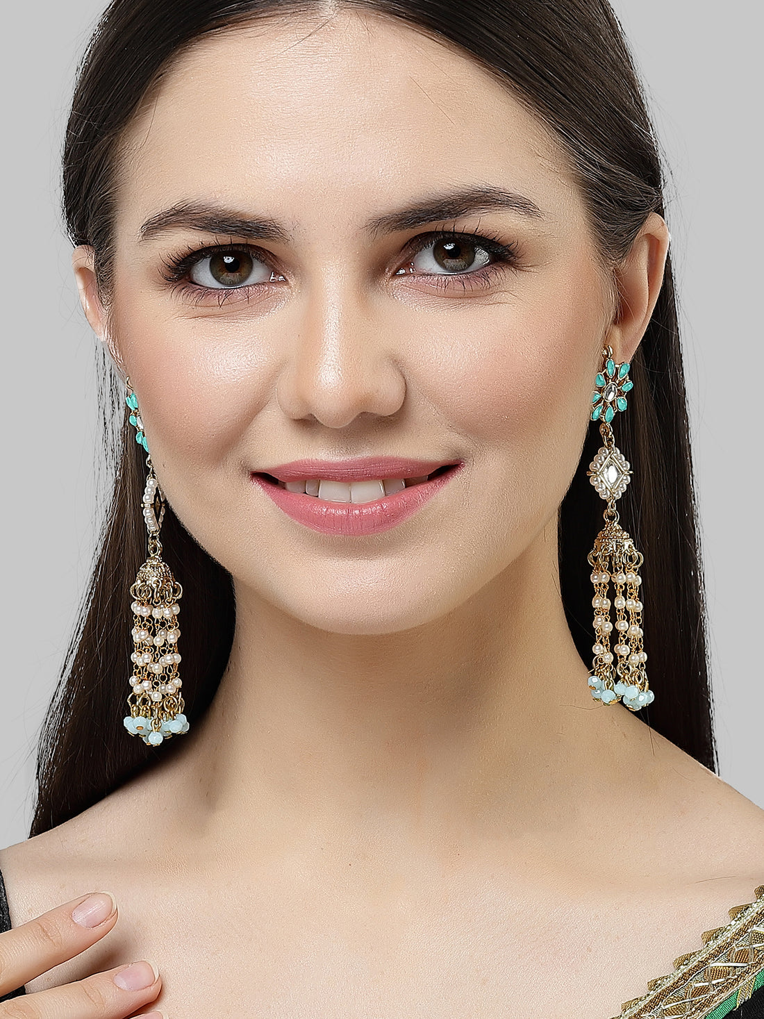 Karatcart Gold Plated Light Blue Kundan Drop Earrings for Women