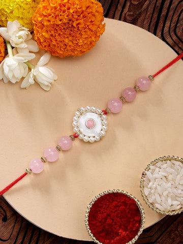 KARATCART Stylish Pink Beads Handmade Meenakari Kundan Rakhi for Brother with Roli & Chawal