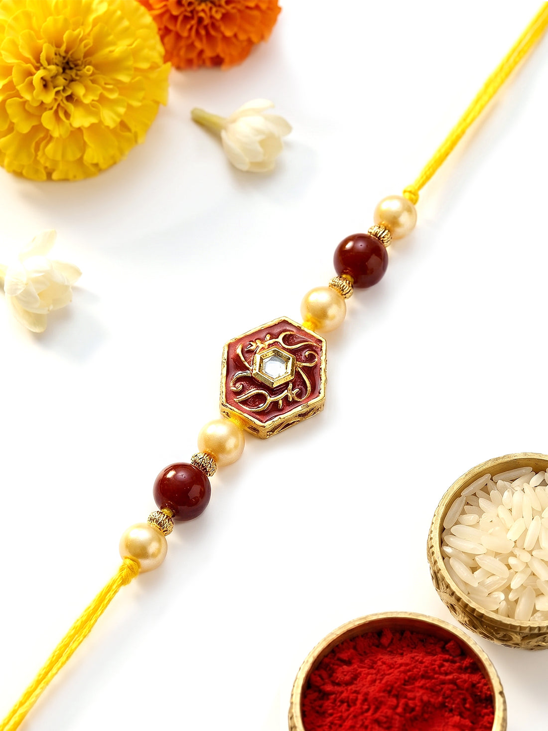 KARATCART Vibrant Red Meenakari Handmade Polki Kundan Rakhi for Brother with Roli & Chawal