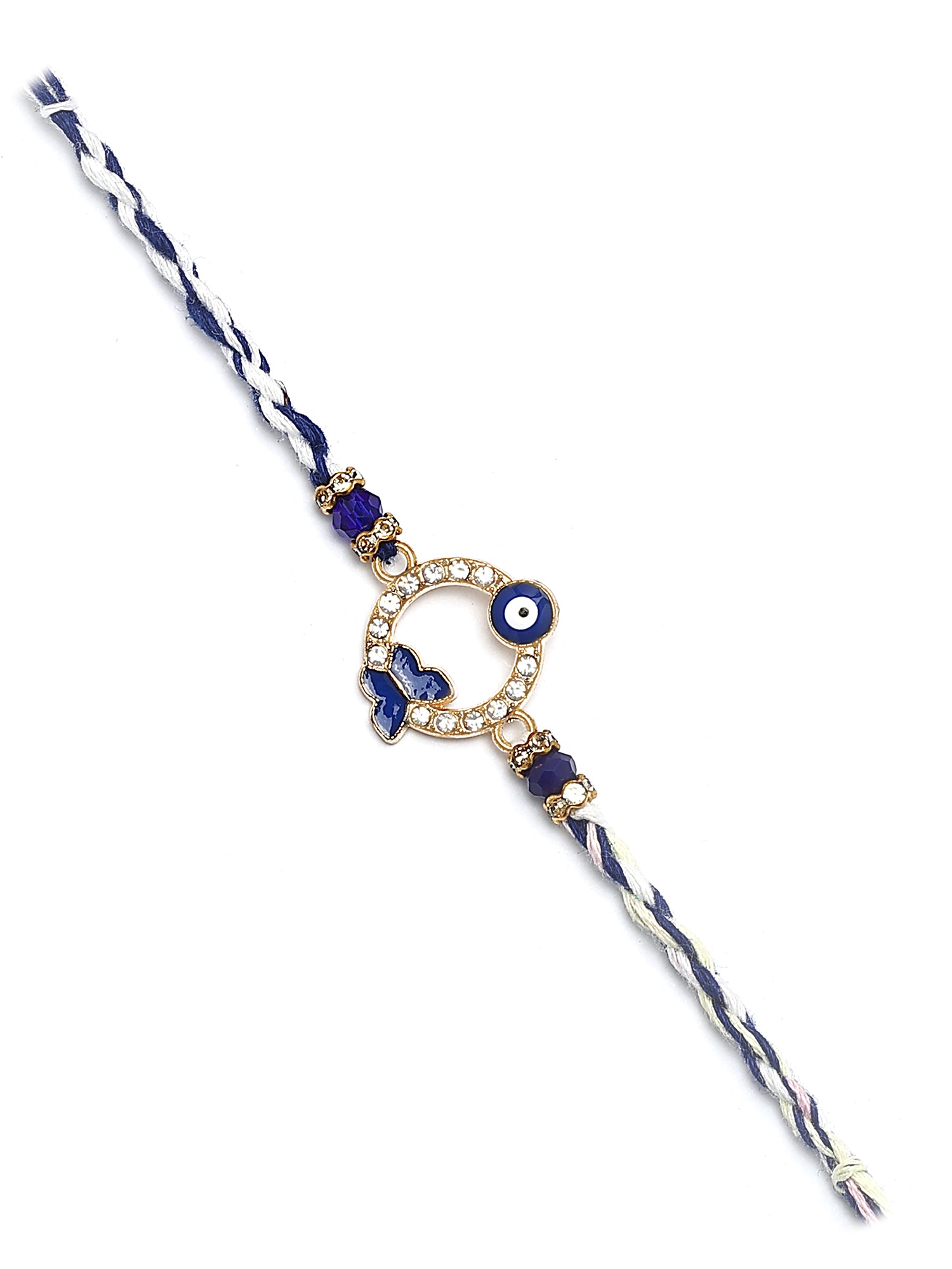 Karatcart Gold Plated Blue American Diamond Butterfly Shape Evil Eye Bhiya Rakhi with Roli & Chawal
