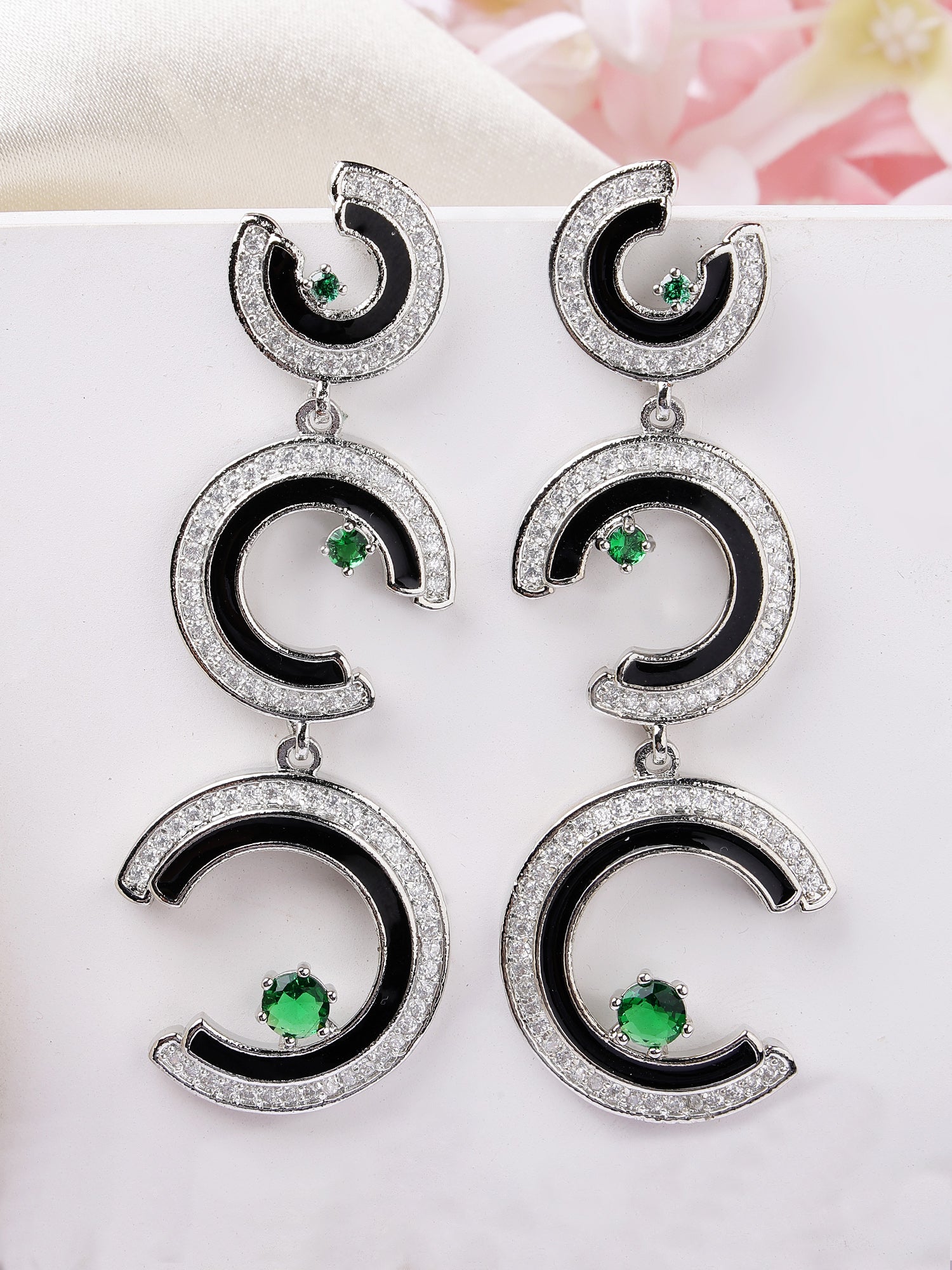 Karatcart Bold Black Enamel Silver Plated Crescent Green American Diamond Dangle Earrings