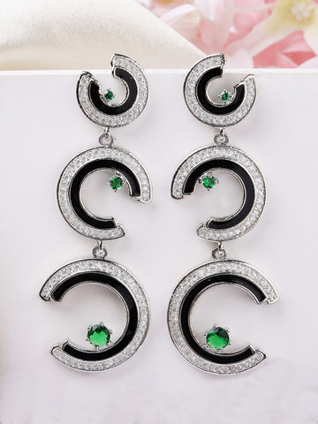Karatcart Bold Black Enamel Silver Plated Crescent Green American Diamond Dangle Earrings