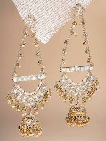 Karatcart Elegant Gold-Plated Kundan Kashmiri Style Long Dangler Jhumka Earrings for Women