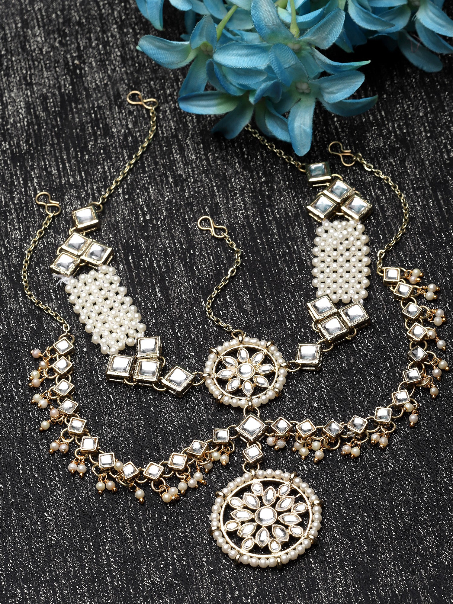 Karatcart Gold Plated Pearl and Kundan Double Line Mathapattti for Women