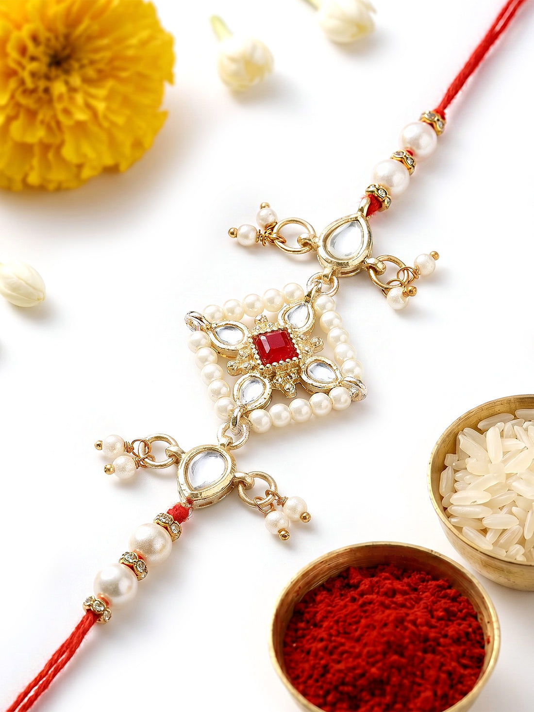 KARATCART Traditional Red Stone Floral Handmade Kundan Rakhi for Brother with Roli & Chawal
