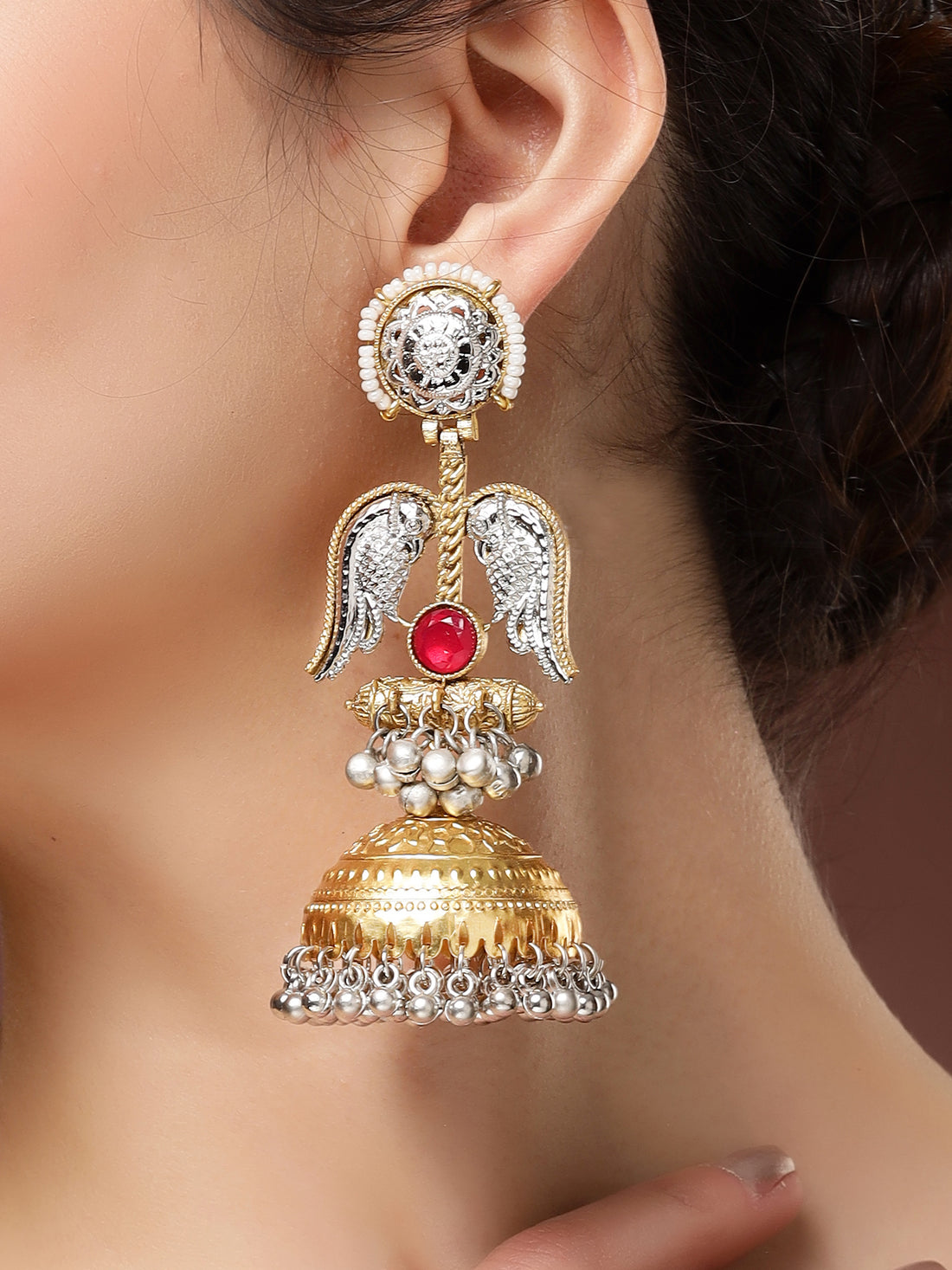 Karatcart Ethnic Gold-Plated Dual-Tone Jhumka Earrings with Silver Bird Motifs & Red Stone