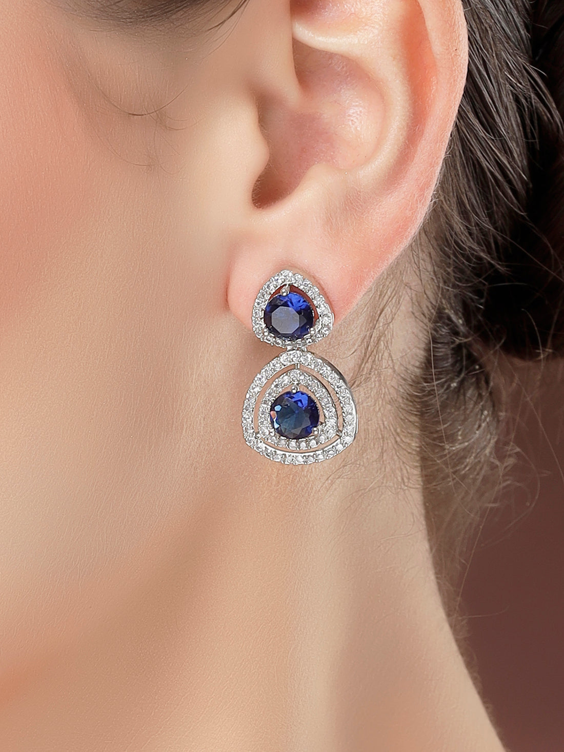 Karatcart Elegant Silver-Tone Teardrop Blue American Diamond Drop Earrings for Women