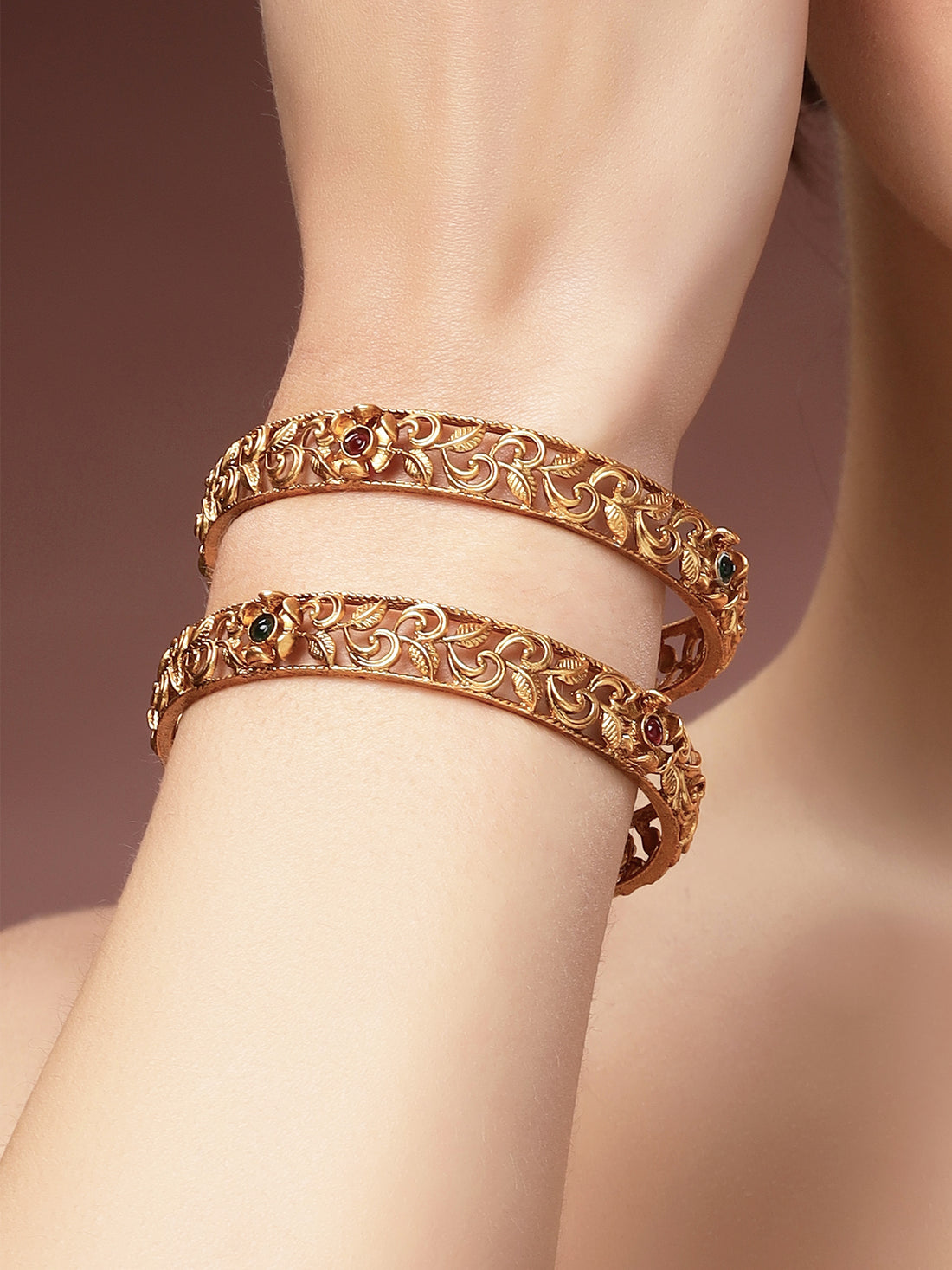 Karatcart Set of 2 Antique Gold Plated Floral Cutwork Bangles for Women