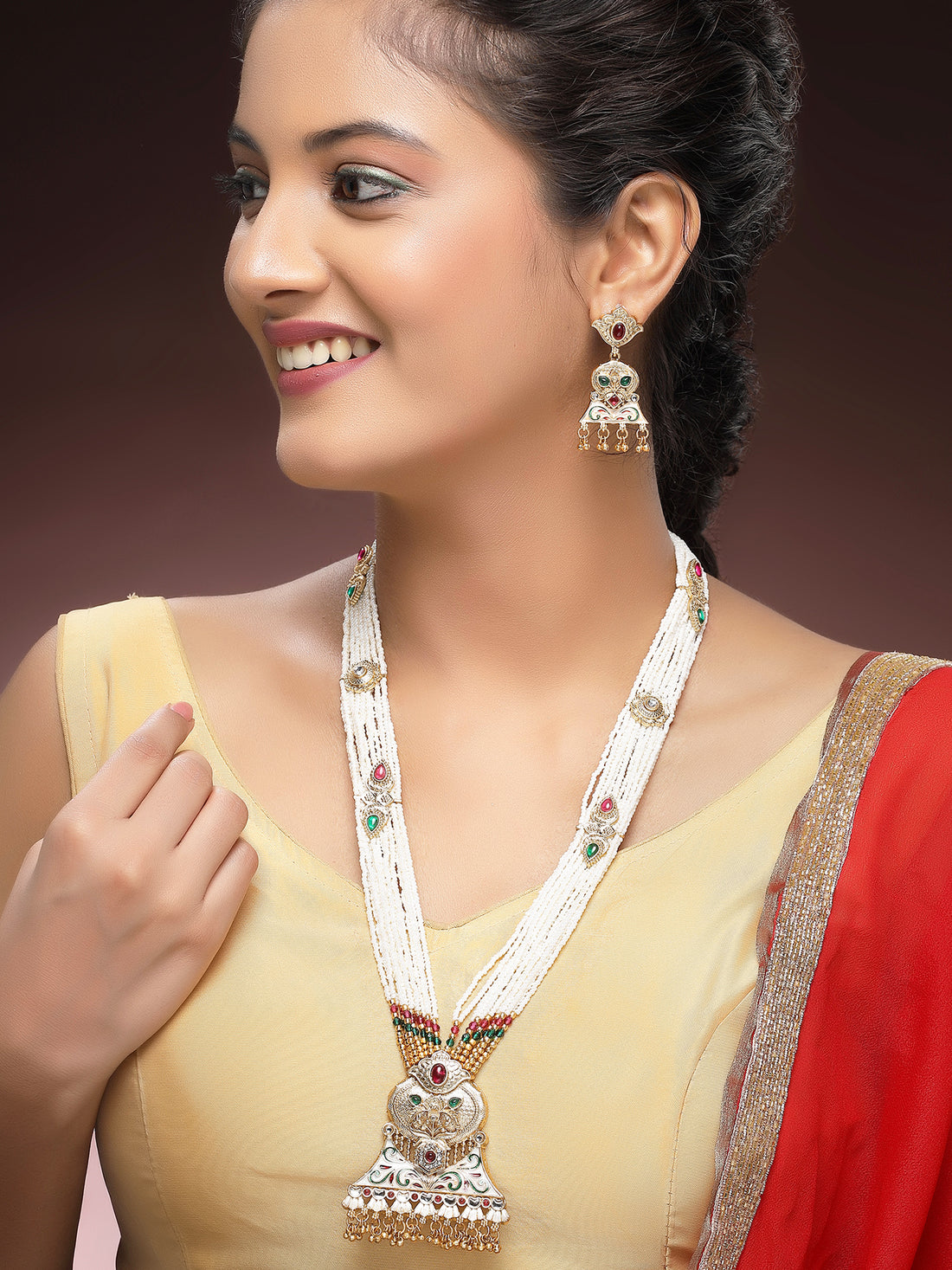 KARATCART Designer Gold-Plated Floral Meenakari Rani Haar Necklace Set for Women