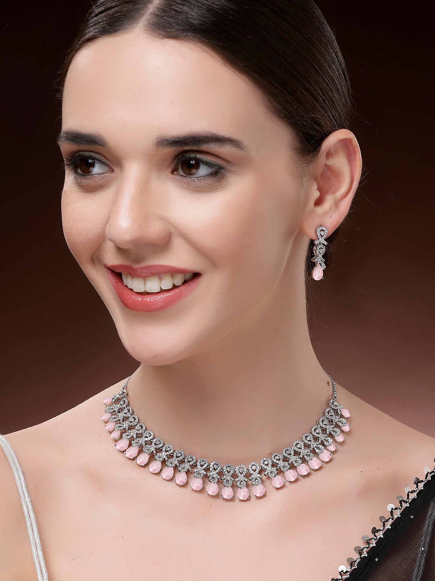 Karatcart Pink Classic American Diamond Necklace Set for Women - view 2