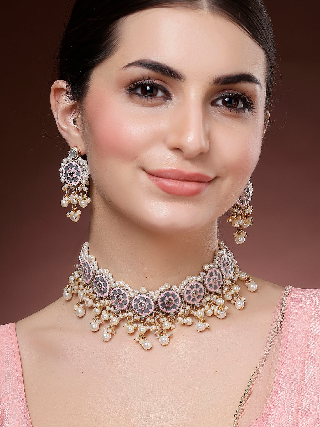 Karatcart Gold Plated Pink & Grey Meena Kundan Choker Necklace Set for Women